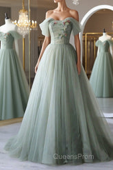 Off the Shoulder Green Tulle Long Evening Prom Dress, Green Tulle Off Shoulder Formal Evening Dress