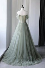 Off the Shoulder Green Tulle Long Evening Prom Dress, Green Tulle Off Shoulder Formal Evening Dress