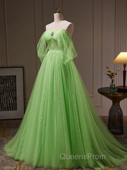 Off The Shoulder Green Tulle Long Evening Prom Dress, Off Shoulder Green Long Formal Graduation Dress