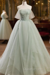 Off The Shoulder Green Tulle Long Evening Prom Dress