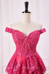 Off The Shoulder Hot Pink Sequin Tiered Evening Prom Dress With Slit