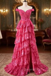 Off The Shoulder Hot Pink Sequin Tiered Evening Prom Dress With Slit