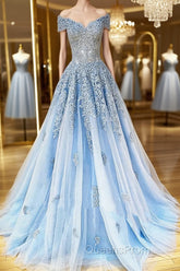 Off the Shoulder Light Blue Lace Evening Prom Dress, Off the Shoulder Blue Lace Formal Evening Dress