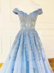 Off the Shoulder Light Blue Lace Evening Prom Dress, Off the Shoulder Blue Lace Formal Evening Dress