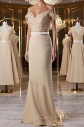 Off the Shoulder Mermaid Champagne Lace Long Evening Prom Dress, Off Shoulder Mermaid Champagne Formal Graduation Evening Dress, Mermaid Champagne Lace Bridesmaid Dress