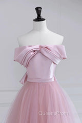 Off the Shoulder Pink Evening Prom Dress, Pink Tulle Formal Evening Dress