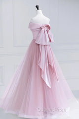 Off the Shoulder Pink Evening Prom Dress, Pink Tulle Formal Evening Dress