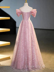 Off The Shoulder Pink Sequin Sparkle Evening Prom Dress