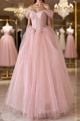 Off the Shoulder Pink Tulle Evening Prom Dress, Pink Tulle Long Formal Graduation Dress