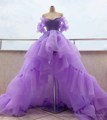 Off the Shoulder Purple High Low Prom Dresses, High Low Purple Formal Graduation Dresses