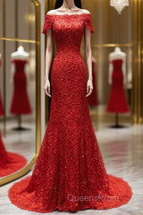 Off the Shoulder Red Mermaid Lace Evening Prom Dress, Red Mermaid Lace Formal Bridesmaid Dress