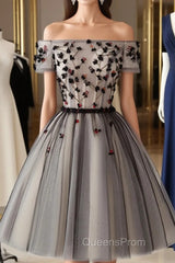 Off The Shoulder Short Black Floral Evening Prom Dress, Short Black Floral Graduation Homecoming Dress