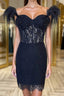 Off the Shoulder Short Black Lace Evening Prom Dress, Short Black Lace Formal Homecoming Dress