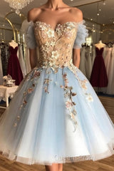 Off the Shoulder Short Blue Lace Floral Evening Prom Dress, Off the Shoulder Short Blue Lace Graduation Homecoming Dress