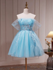Off the Shoulder Short Blue Prom Dresses, Short Blue Lace Formal Homecoming Dresses