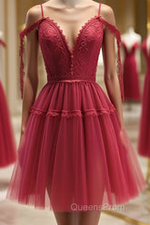 Off the Shoulder Short Burgundy Lace Evening Prom Dress, Wine Red Short Lace Formal Graduation Dress