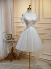 Off the Shoulder Short Champagne Tulle Prom Dresses, Short Formal Homecoming Dress