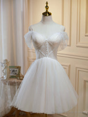 Off the Shoulder Short Champagne Tulle Prom Dresses, Short Formal Homecoming Dress