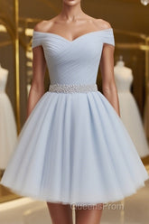 Off the Shoulder Short Gray Evening Prom Dress with Coset Back, Short Beaded Gray Graduation Homecoming Dress