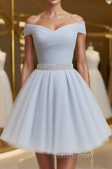 Off the Shoulder Short Gray Evening Prom Dress with Coset Back, Short Beaded Gray Graduation Homecoming Dress