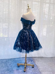 Off the Shoulder Short Navy Blue Prom Dresses, Short Dark Blue Formal Homecoming Dresses