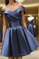 Off the Shoulder Short Navy Blue Evening Prom Dress, Short Navy Blue Formal Homecoming Graduation Dress