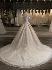 Off-The-Shoulder Short Sleeves Tulle Applique With Beading Court Train Ball Gown Wedding Dress