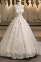 Off-The-Shoulder Short Sleeves Tulle Applique With Beading Court Train Ball Gown Wedding Dress