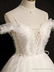 Off the Shoulder Short White Lace Prom Dresses, Short White Lace Formal Homecoming Dresses