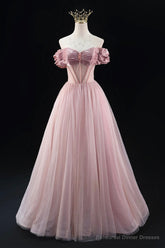 Off the Shoulder Sweetheart Beaded Tulle Long Prom Dress, A-Line Pink Evening Dress