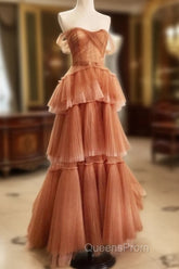 Off The Shoulder Tulle Tiered Long Evening Prom Dress, A Line Evening Gown