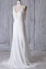 Off-The-Shoulder V Neck Backless Sheath Lace Chiffon Long Beach Wedding Dress