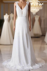 Off-The-Shoulder V Neck Backless Sheath Lace Chiffon Long Beach Wedding Dress