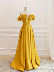 Off the Shoulder Yellow Burgundy Long Prom Dresses, Yellow Wine Red Long Satin Formal Dresses