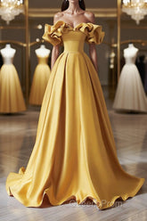 Off the Shoulder Yellow Satin Long Evening Prom Dress, Off Shoulder Yellow Long Formal Evening Dress