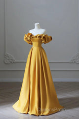 Off the Shoulder Yellow Satin Long Evening Prom Dress, Off Shoulder Yellow Long Formal Evening Dress