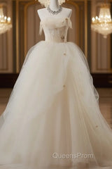 Off-White A-Line Straps Tulle Long Evening Prom Dress Simple Applique Wedding Dress