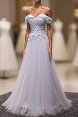 Light Blue Tulle Lace Long Evening Prom Dress, Lace Evening Dress