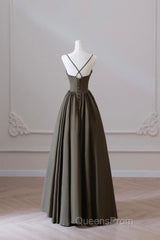 Olive Green Spaghetti Strap Satin Long Evening Prom Dress, A-Line V Neck Party Dress