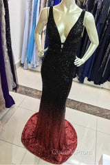 Ombre Mermaid V-Neck Court Train Evening Prom Sequins Dress