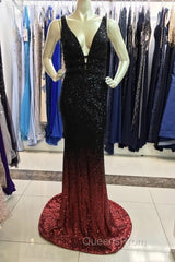 Ombre Mermaid V-Neck Court Train Evening Prom Sequins Dress