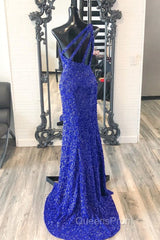 One Shouder Royal Blue Evening Prom Dress Long Sequin Evening Dress