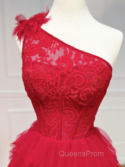 One Shoulder A-Line Tulle Burgundy Long Evening Prom Dress, Burgundy Graduation Dress