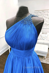 One Shoulder Backless Blue Chiffon Long Evening Prom Dress, Beaded Blue Long Formal Evening Dress
