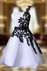 One Shoulder Black Lace Cute Short Homecoming/Evening Prom Dress