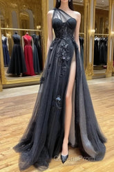 One Shoulder Black Lace Evening Prom Dress, One Shoulder Black Lace Formal Evening Dress