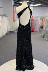 One Shoulder Black Sequins Mermaid Long Evening Prom Dress, Black Sequins Mermaid Long Evening Prom Dress