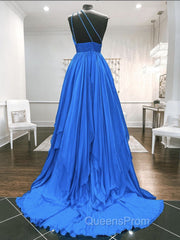 One Shoulder Blue Backless Long Evening Prom Dress, Open Back Blue Long Formal Evening Dress