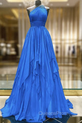 One Shoulder Blue Backless Long Evening Prom Dress, Open Back Blue Long Formal Evening Dress