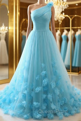 One Shoulder Blue Floral Long Evening Prom Dress, One Shoulder Blue Formal Dress, 3D Flowers Blue Evening Dress